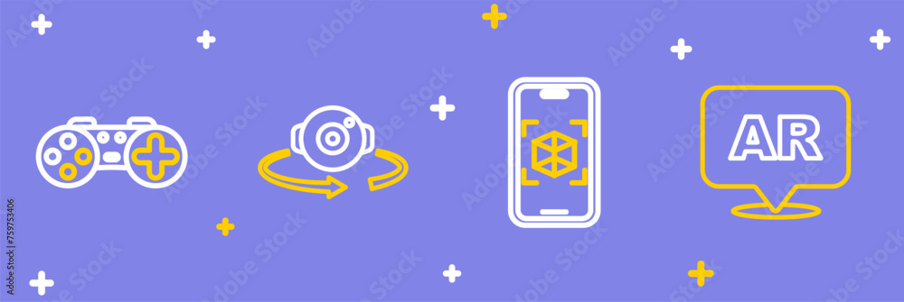 Poster set line augmented reality ar, 3d modeling, 360 degree view and gamepad icon. vector