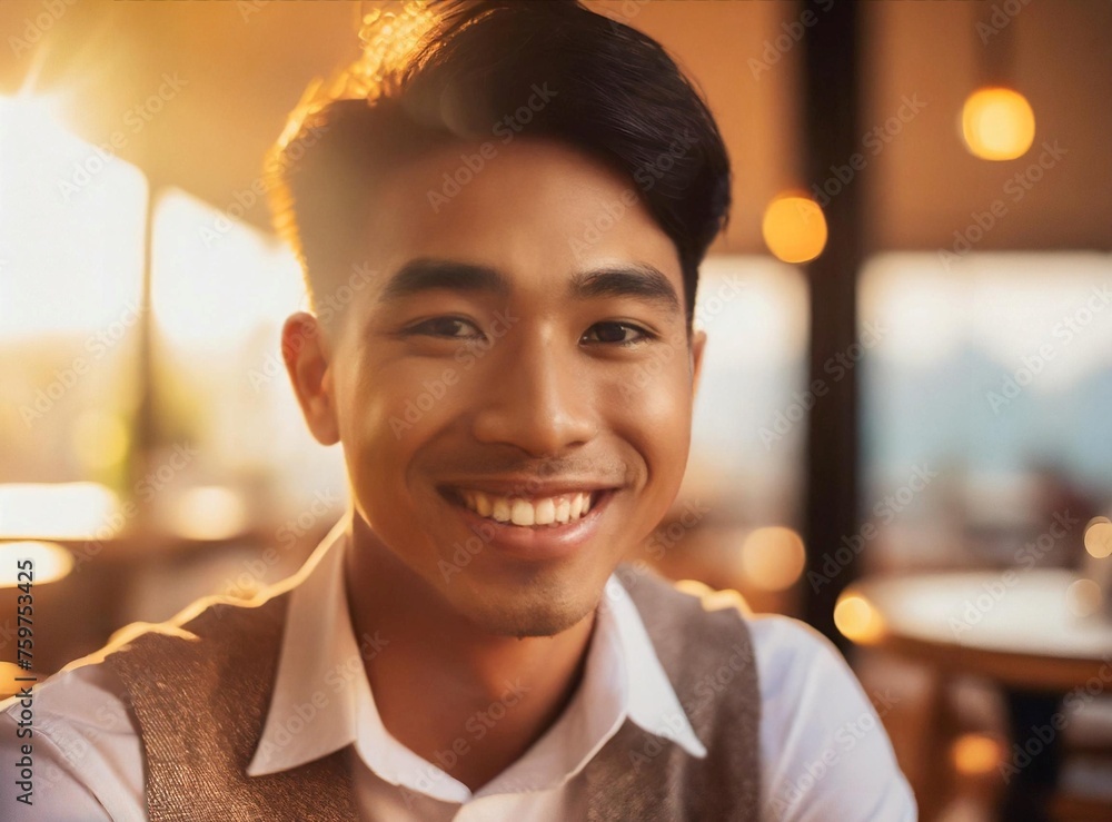 Poster Asian male model sitting in restaurant smiling to camera, face closeup