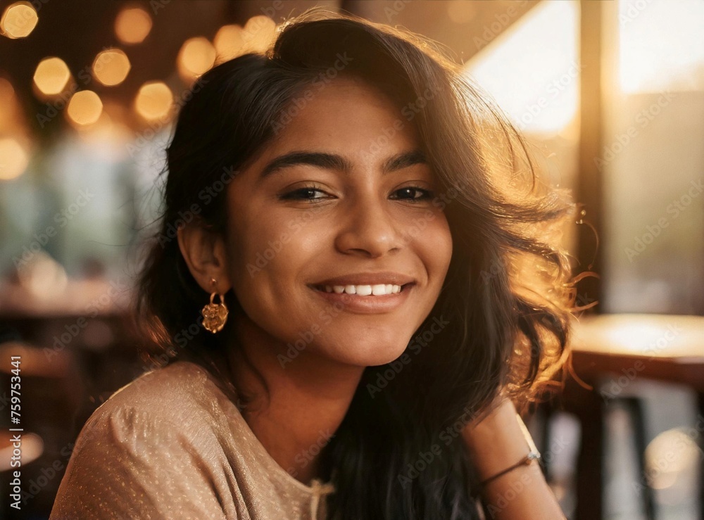 Poster Indian young beauty model smiling, sitting in cafe, face closeup portrait.