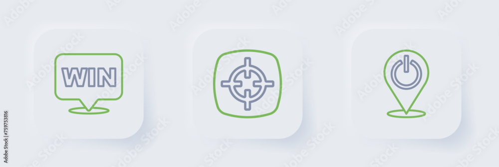 Poster Set line Power button, Target sport and Medal icon. Vector