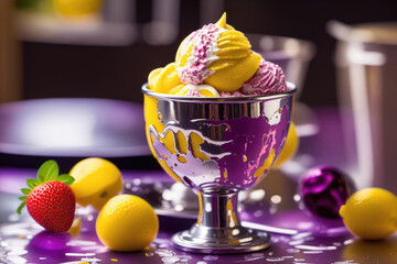 closeup of strawberry and lemon flavored ice cream in an elegant chromed metal cup