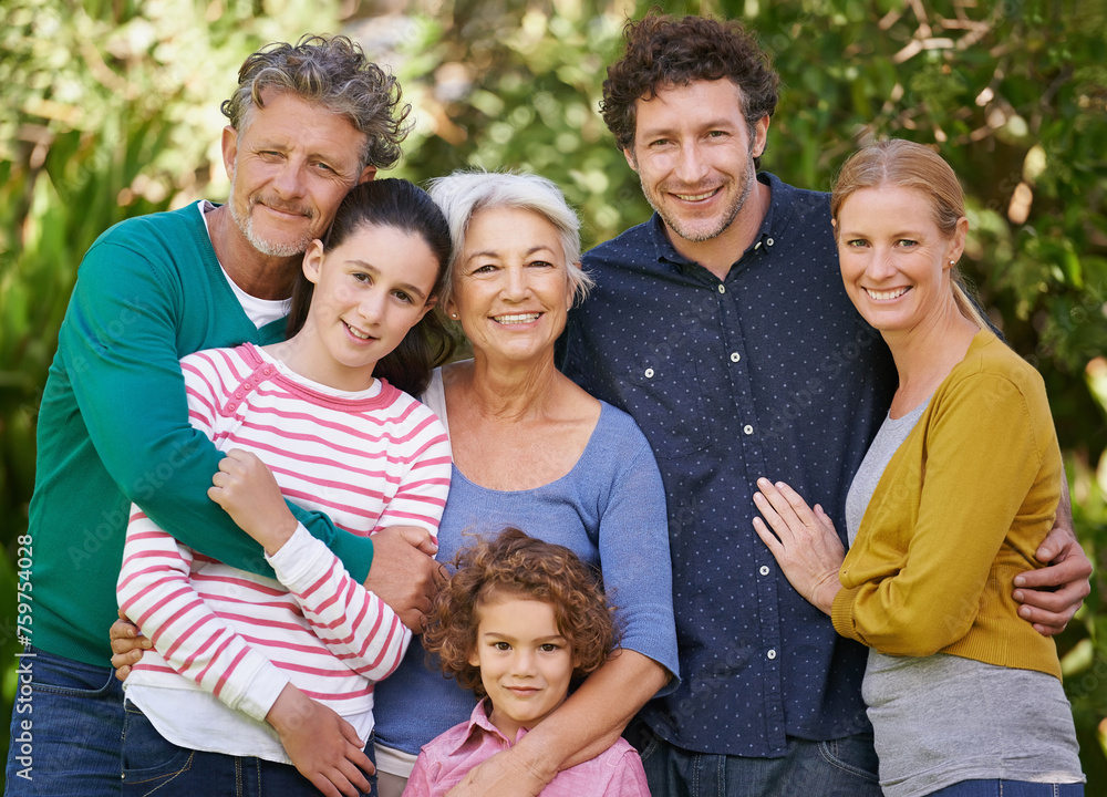 Poster Family, portrait and hug in outdoor garden, love and bonding together or happy in backyard. Generations, smile and peace or embrace for support in nature or kids, vacation and holiday in France