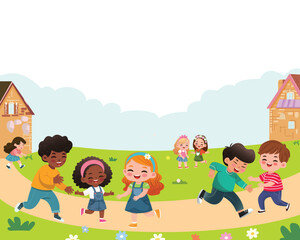 Banner template design with children of different nationalities. Vector illustration