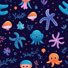 Cute sea animals pattern for kids - octopus, shell, starfish - textile and wrapping design