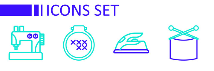 Set line Knitting needles, Electric iron, Round adjustable embroidery hoop and Sewing machine icon. Vector