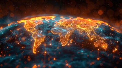 Glowing world map on dark background. Globalization concept. Communications network map of the world. Technological futuristic background. World connectivity and global networking concept