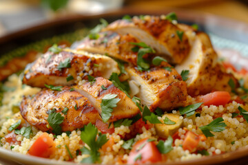 Close-up of couscous and grilled chicken garnished with fresh parsley