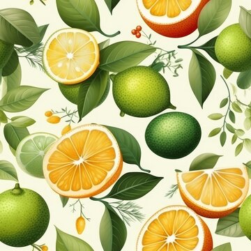Beautiful seamless pattern with watercolor hand drawn citrus orange lemon grapefruit fruits