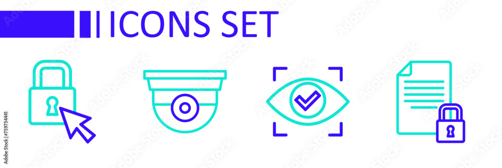 Poster set line document and lock, eye scan, security camera and lock icon. vector