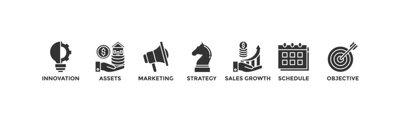Business plan banner web icon illustration concept with icon of innovation, assets, marketing, strategy, sales growth, schedule, and objective	