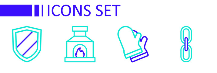 Set line Chain link, Protective gloves, Blacksmith oven and Shield icon. Vector