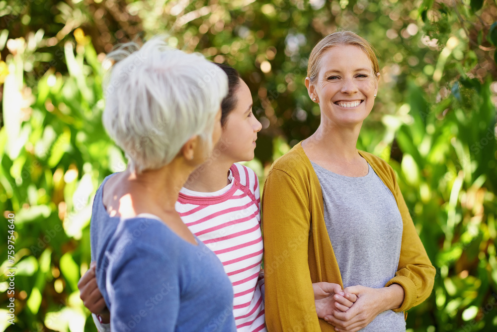 Poster Mother, grandmother and portrait with child in park on holiday or vacation in retirement with support. Happy, senior woman or relax with mom and kid in woods or forest with care for family in summer