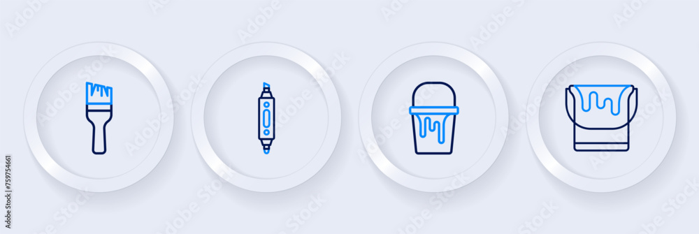 Poster set line paint bucket, marker pen and brush icon. vector