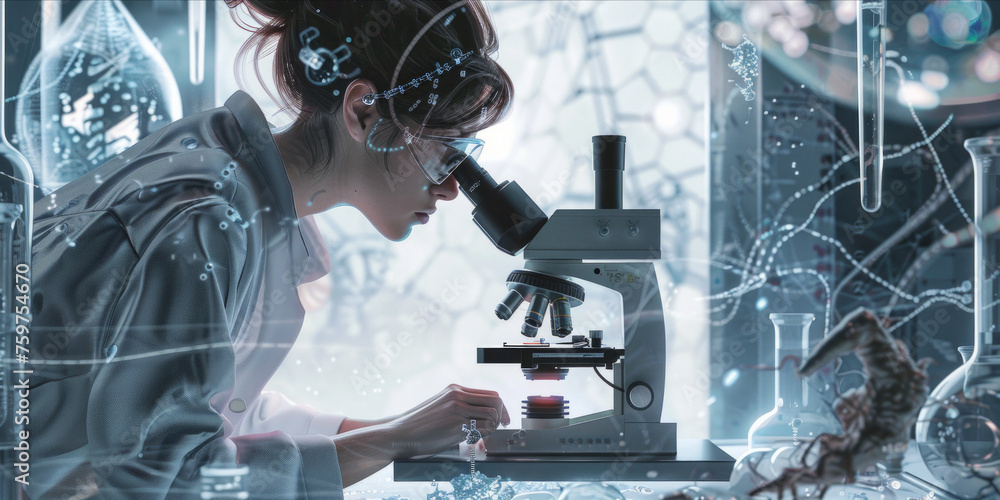 Poster a focused scientist meticulously examines biological samples using a high-tech microscope amid a lab