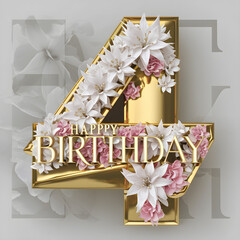 Happy Birthday greeting card with golden number four and flowers. 3D rendering