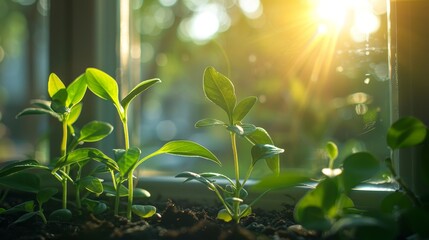 Generate an image portraying seeds flourishing by a window