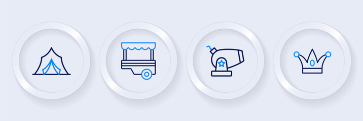 Set line Jester hat with bells, Cannon, Fast street food cart and Circus tent icon. Vector