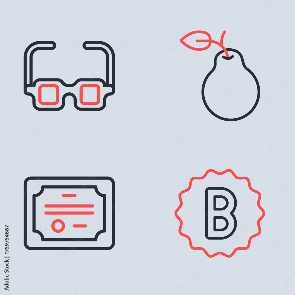 Poster set line pear, certificate template, exam paper with incorrect answers and glasses icon. vector