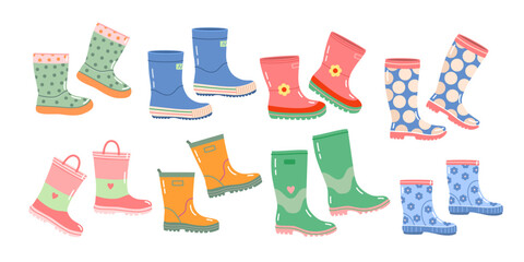 Set of rubber children's, adult women's, men's shoes with insulation of different models, shapes and colors. Cute vector rubber high and low garden boots on white isolated background in flat style.
