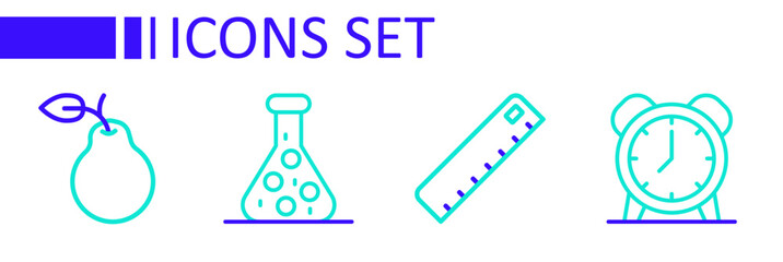Set line Alarm clock, Ruler, Test tube and Pear icon. Vector