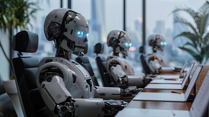 Robotic seated around a traditional conference table in conference room.