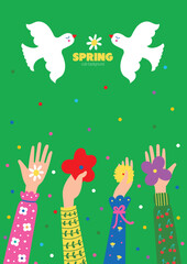 Give and share your love for people.  Many hands holding stylized flowers. Peace. Love. Dove. Donation.Flat design, vector cute illustration. Spring poster. - 759755041