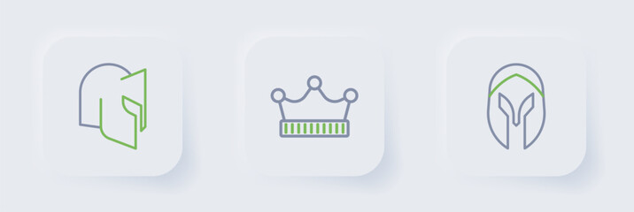 Set line Medieval helmet, King crown and icon. Vector