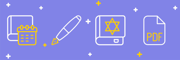 Set line PDF file document, Jewish torah book, Fountain pen nib and Daily paper notepad icon. Vector