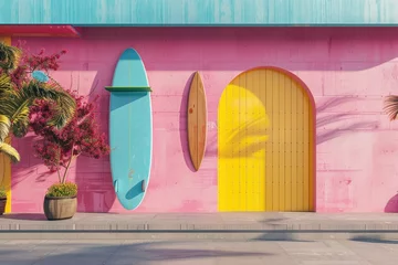 Photo sur Plexiglas Vielles portes Colorful facade wall with surfboards hanging on it with door and window background.
