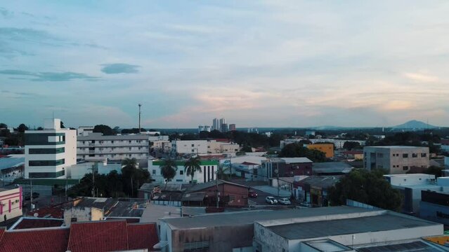 Aerial city scape with solar panel roofs in summer in central Cuiaba Mato Grosso