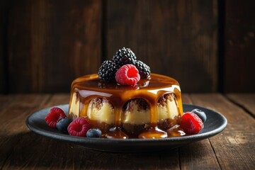 delicious pudding with caramel and raspberries on gray table against black background