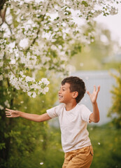 A boy plays with petals from a flowering tree