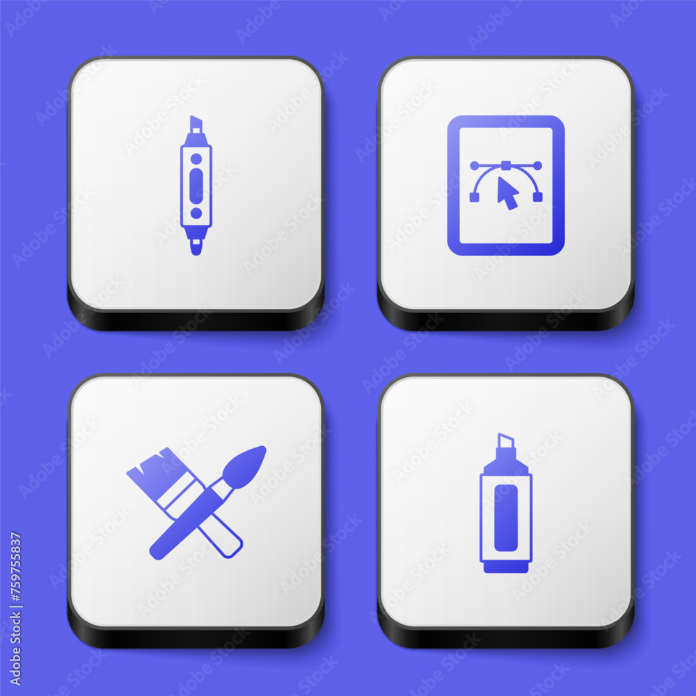Poster set marker pen, computer with design program, paint brush and icon. white square button. vector