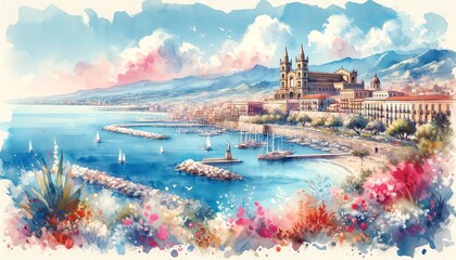 Watercolor landscape of the Messina, Italy - obrazy, fototapety, plakaty