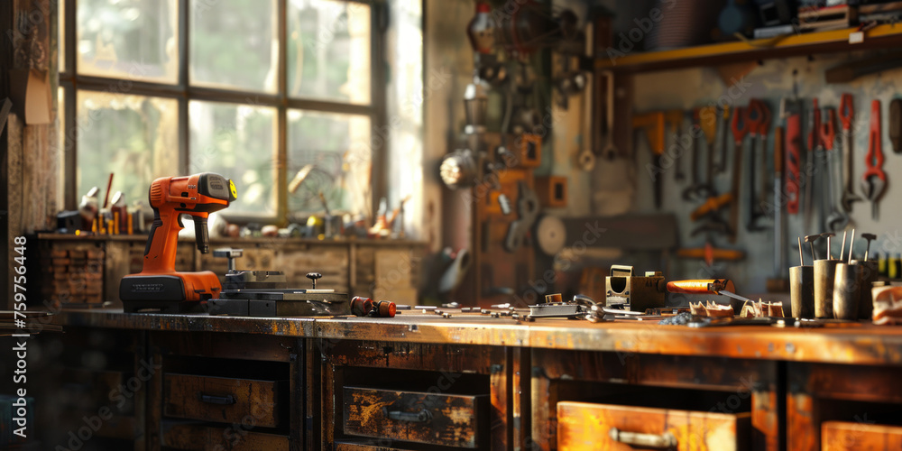 Poster a workbench teeming with an array of tools is illuminated by natural light, portraying a well-used s