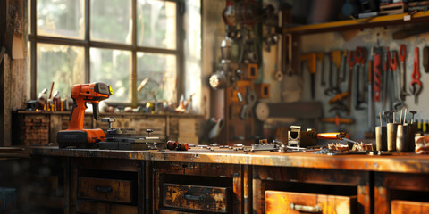 A workbench teeming with an array of tools is illuminated by natural light, portraying a well-used space for craftsmanship and repair
