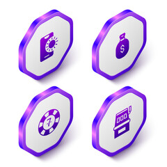 Set Isometric Online sports betting, Money bag, Casino chips and Slot machine icon. Purple hexagon button. Vector