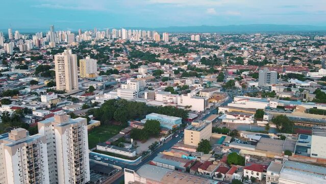 Aerial city scape at sunset in summer in central Cuiaba Mato Grosso