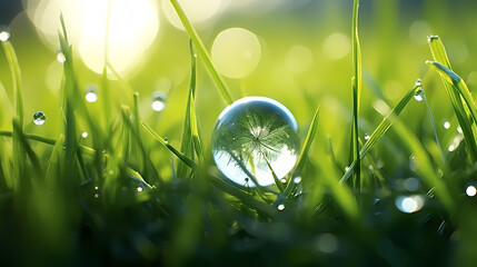 Close-up of water droplets on green leaves, environmental protection concept