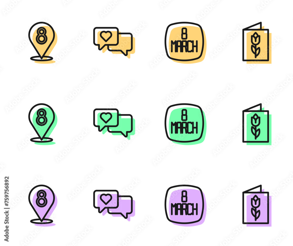 Poster set line 8 march, heart in speech bubble and greeting card with icon. vector