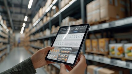 Fototapeta na wymiar Virtual Retail Management Tablet Display of Stockroom Inventory and Reorder Alerts