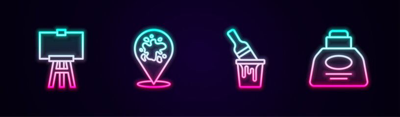 Set line Wood easel, Paint spray, bucket with brush and Inkwell. Glowing neon icon. Vector