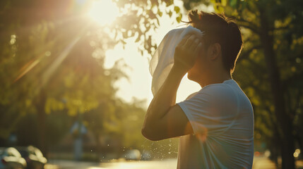 Man using a towel to wipe away sweat, hot weather, summer