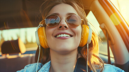 girl sitting in the car Put on the over-ear headphones and enjoy happy music while traveling.
