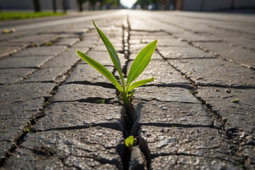 Tiny Sapling Courageously Breaking Through Asphalt and Tiles, A powerful symbol of perseverance and vitality, a small sapling defies urban constraints as it pushes its way through unforgiving asphalt