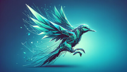 Stylized bird in flight, made of geometric triangles for a fragmented, crystalline look. Freedom and Elevation