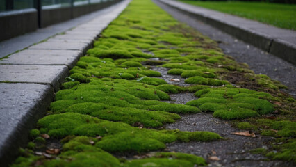 City Sidewalk Overgrown with Moss, Nature's Embrace Amid Concrete Jungle, A captivating juxtaposition of urban infrastructure and natural beauty unfolds as moss blankets the city sidewalk