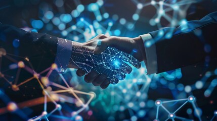 Fototapeta premium Global Collaboration Handshake in Front of Digital Nodes International Research and Development Agreement Concept
