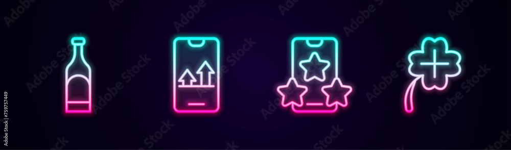 Sticker Set line Bottle of wine, Online sports betting, and Casino slot machine with clover. Glowing neon icon. Vector