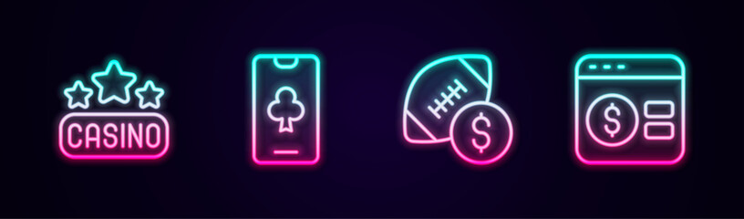 Set line Casino signboard, Online poker table game, American football betting money and . Glowing neon icon. Vector